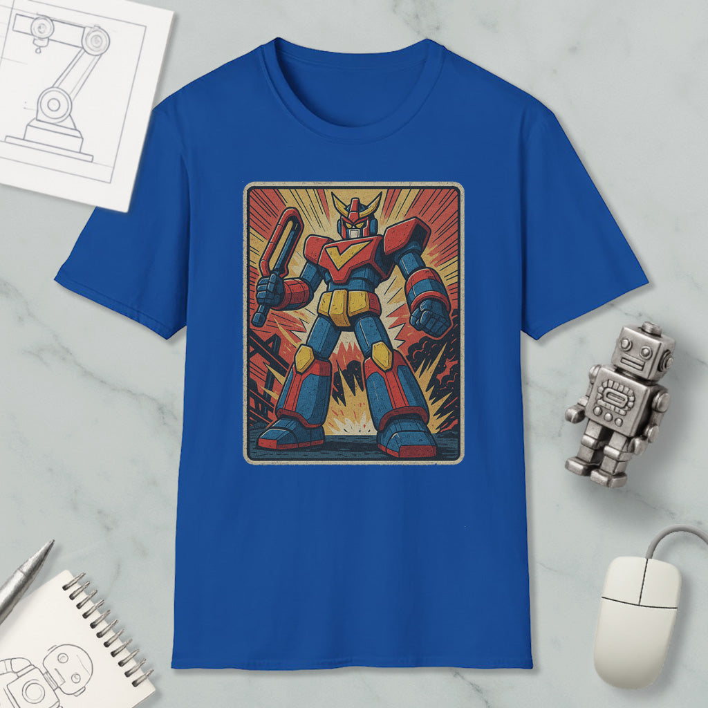 a blue t-shirt with a colorful graphic of a robot or character, along with various objects such as a computer mouse, a notebook, and a pen.