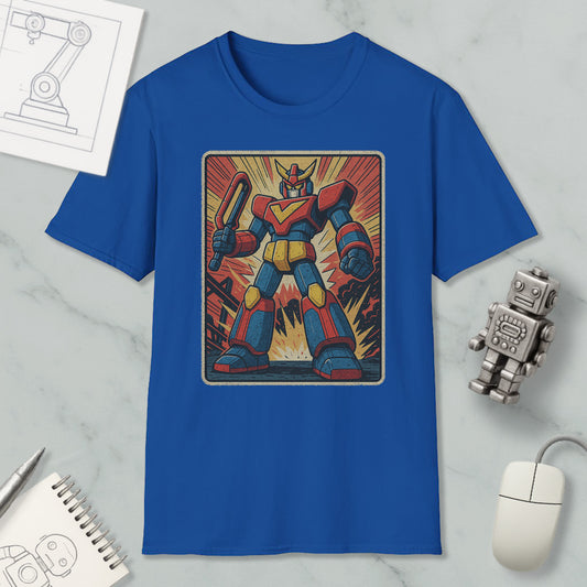 a blue t-shirt with a colorful graphic of a robot or character, along with various objects such as a computer mouse, a notebook, and a pen.