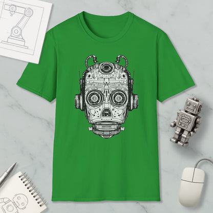 a green t-shirt with a graphic of a robot or mechanical head, along with various objects such as a computer mouse, a notebook, and a pen.