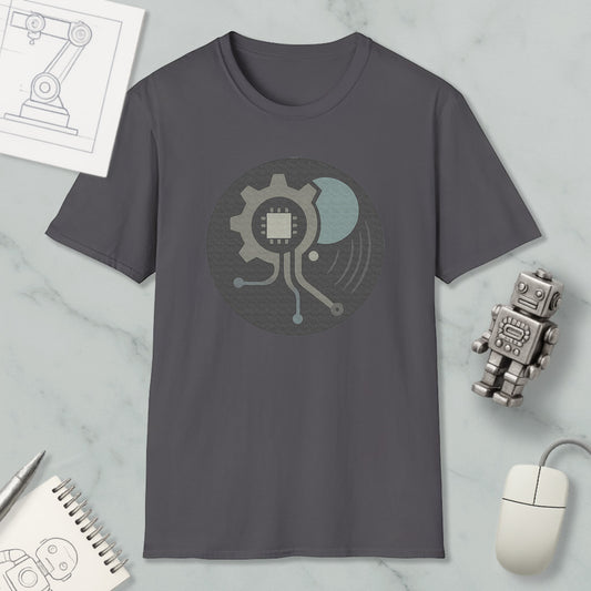 a gray t-shirt with a graphic design, a small robot, a computer mouse, and a notebook on a marble surface.