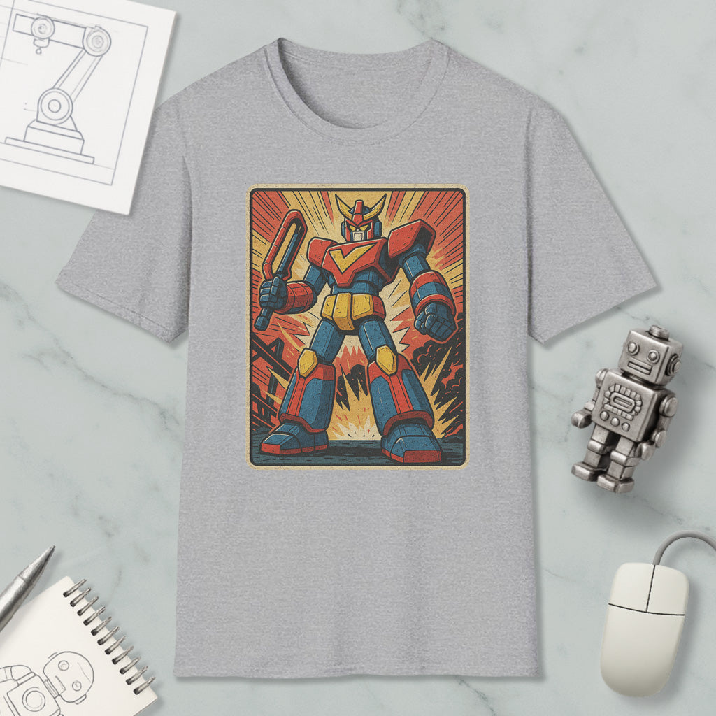 a gray t-shirt with a colorful graphic of a robot character, along with various objects such as a computer mouse, a notebook, and a robot figurine.