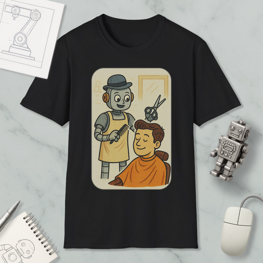 a black t-shirt with a cartoon illustration of a robot barber cutting a man's hair. The robot barber is holding a pair of scissors and a comb, while the man is sitting in a chair. The scene is set in a barber shop, with various objects such as a computer mouse, a notebook, and a robot toy present in the image.