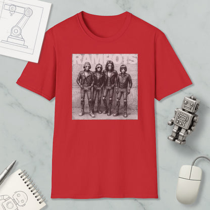 a red t-shirt with a black and white graphic of four people, along with a computer mouse and a notebook.