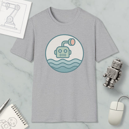 a gray t-shirt with a graphic of a robot or submarine in the water, along with various objects such as a computer mouse, a notebook, and a pen.