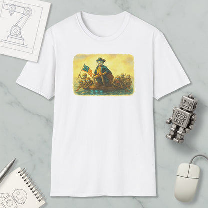 a white t-shirt with a graphic design depicting a man on a boat, surrounded by other people, on a marble surface.