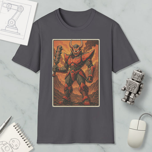 a t-shirt with a graphic design depicting a red and black armored robot or character, holding a weapon and standing in a fiery, rocky environment.
