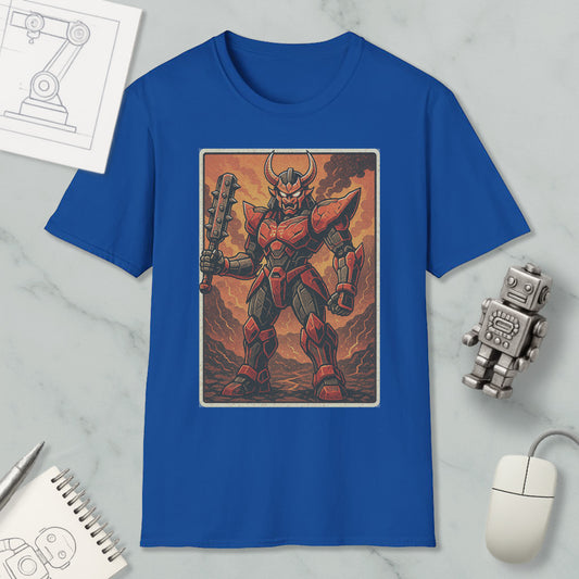 a blue t-shirt with a graphic design depicting a red and black armored robot or character, holding a weapon and standing in a fiery, rocky environment.