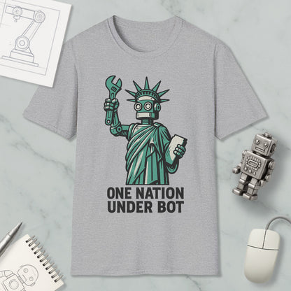 a gray t-shirt with a graphic design depicting a robot figure holding a wrench and a smartphone, accompanied by the text "One Nation Under Bot".