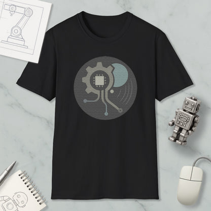a black t-shirt with a graphic design on it, along with various objects such as a computer mouse, a robot, and a notebook.