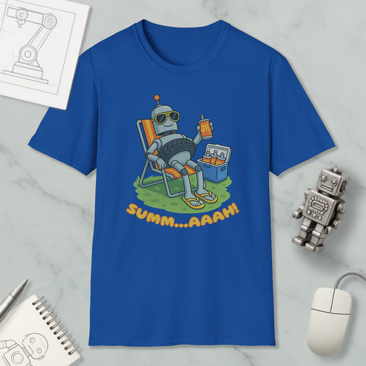 a blue t-shirt with a cartoon robot sitting in a chair and holding a drink, accompanied by the text "SUMM...AAAH!"