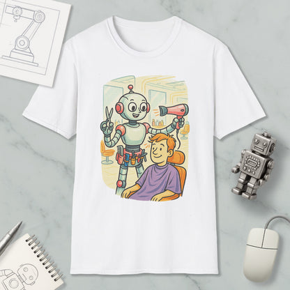 A white t-shirt with an illustration of a robot giving a haircut to a person, accompanied by a robot toy and a computer mouse.
