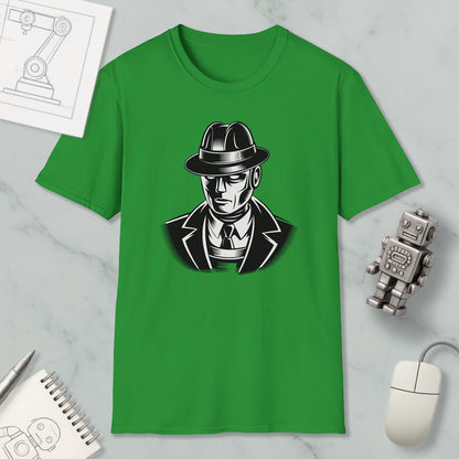 a green t-shirt with a graphic of a man wearing a hat and suit, along with a computer mouse and other office supplies.