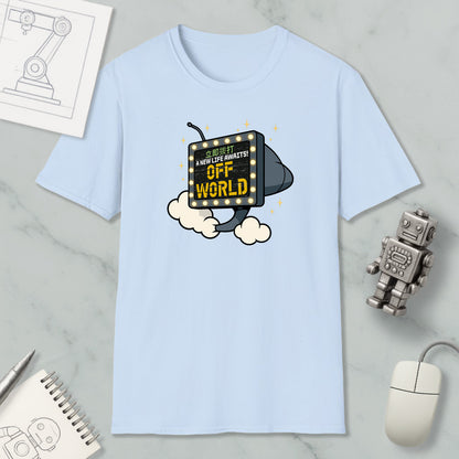 A light blue t-shirt with a graphic design depicting a robot or character with a sign that says "A NEW LIFE AWAY!"