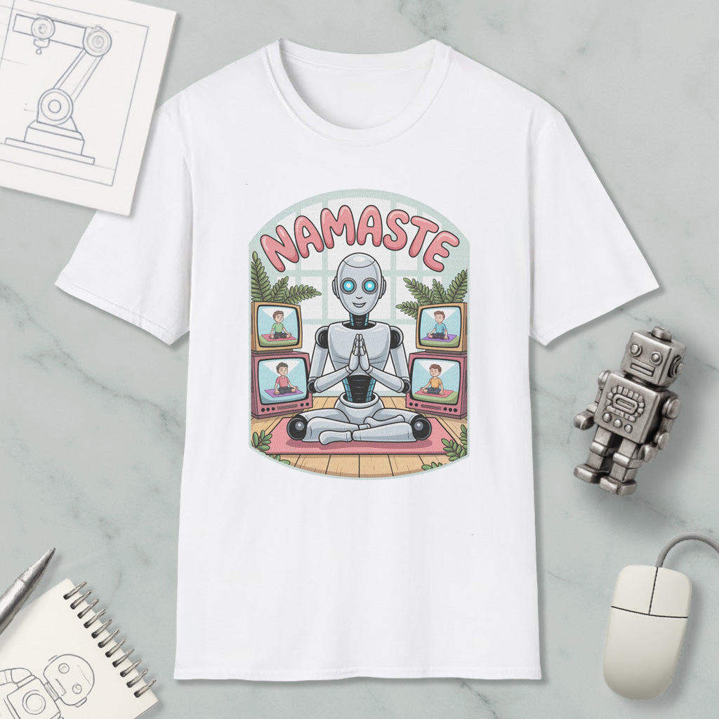 A white t-shirt with a graphic design depicting a robot sitting in a meditative pose surrounded by various images of people on laptops.