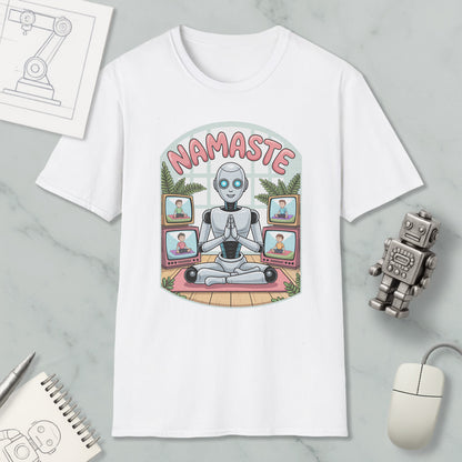 A white t-shirt with a graphic design depicting a robot sitting in a meditative pose surrounded by various images of people on laptops.