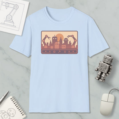 a light blue t-shirt with a graphic design depicting a city skyline with robotic arms, along with a computer mouse, a notebook, and a pen on a marble surface.