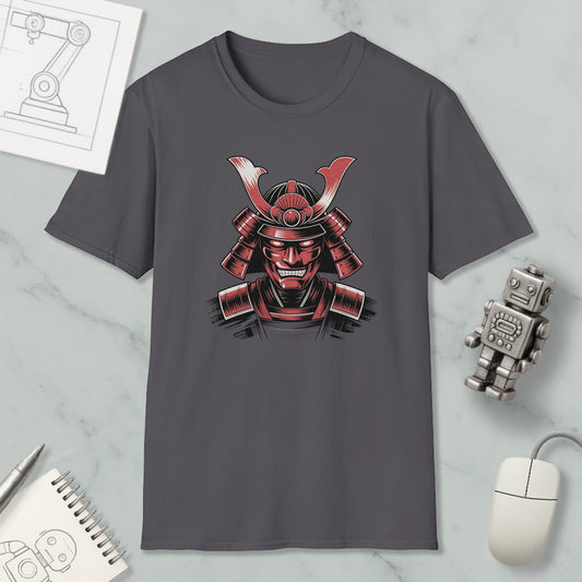 a gray t-shirt with a graphic design of a red and black warrior helmet, along with a computer mouse and a notebook.