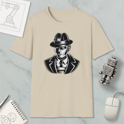 a beige t-shirt with a black and white graphic of a man wearing a hat and suit, along with a small robot and a computer mouse.