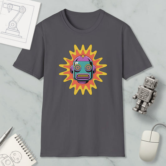 a gray t-shirt with a colorful robot design, including a sunburst pattern, and a small robot figurine.