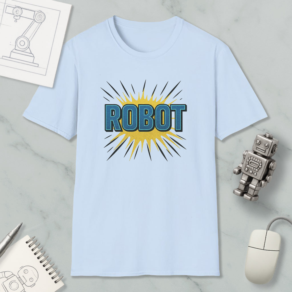 a light blue t-shirt with a graphic design of a robot and rays emanating from it, along with a computer mouse and a notebook.