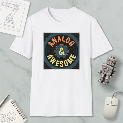 a white t-shirt with a graphic design that says "ANALOG & AWESOME" on it, along with a robot and a computer mouse.