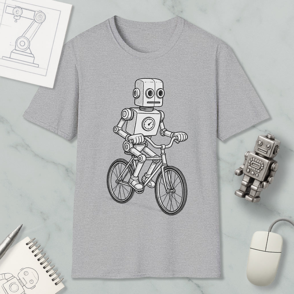 a gray t-shirt with a black and white illustration of a robot riding a bicycle.