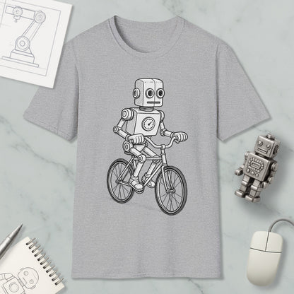 a gray t-shirt with a black and white illustration of a robot riding a bicycle.