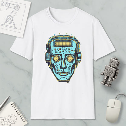 a white t-shirt with a graphic design of a robot's face, surrounded by various objects such as a computer mouse, a pen, and a notebook.