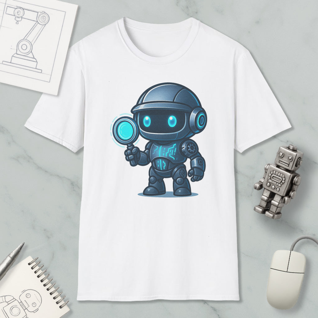 a white t-shirt with a graphic of a robot holding a magnifying glass, surrounded by various objects such as a computer mouse, a notebook, and a robot figurine.