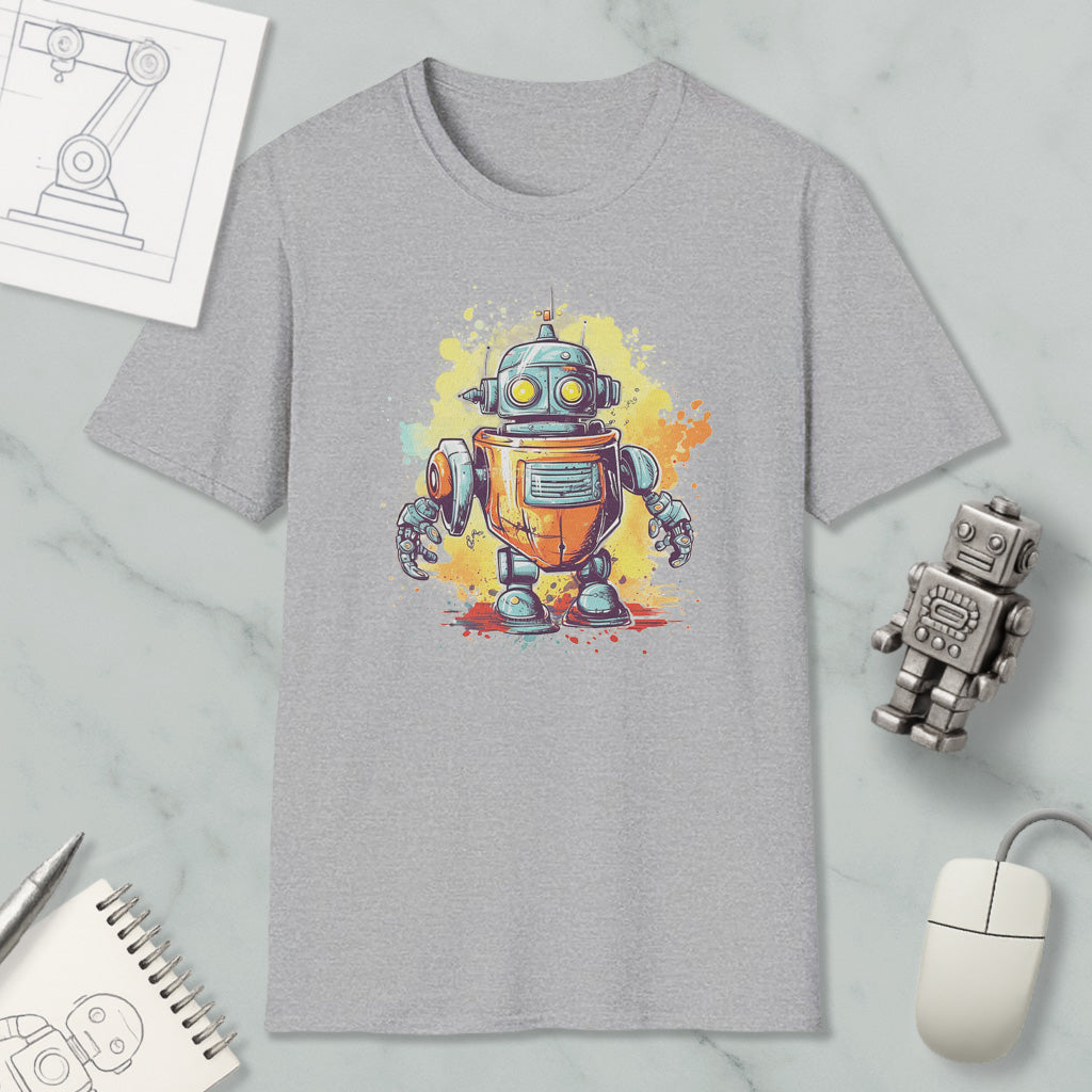 a gray t-shirt with a colorful illustration of a robot, along with various objects such as a computer mouse, a notebook, and a pen.