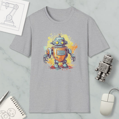 a gray t-shirt with a colorful illustration of a robot, along with various objects such as a computer mouse, a notebook, and a pen.
