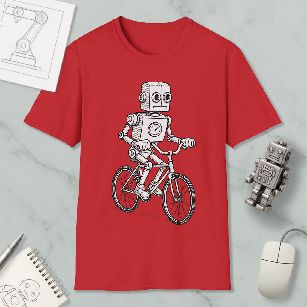a red t-shirt with a graphic of a robot riding a bicycle, along with various objects such as a mouse, a notebook, and a pen.