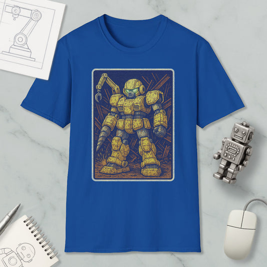 a blue t-shirt with a graphic of a yellow robot or robot-like figure, along with various objects such as a computer mouse, a pen, and a notebook.