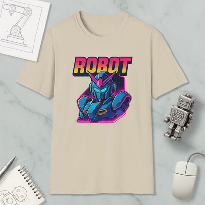 a beige t-shirt with a graphic design of a robot character, along with various objects such as a computer mouse, a pen, and a notebook.