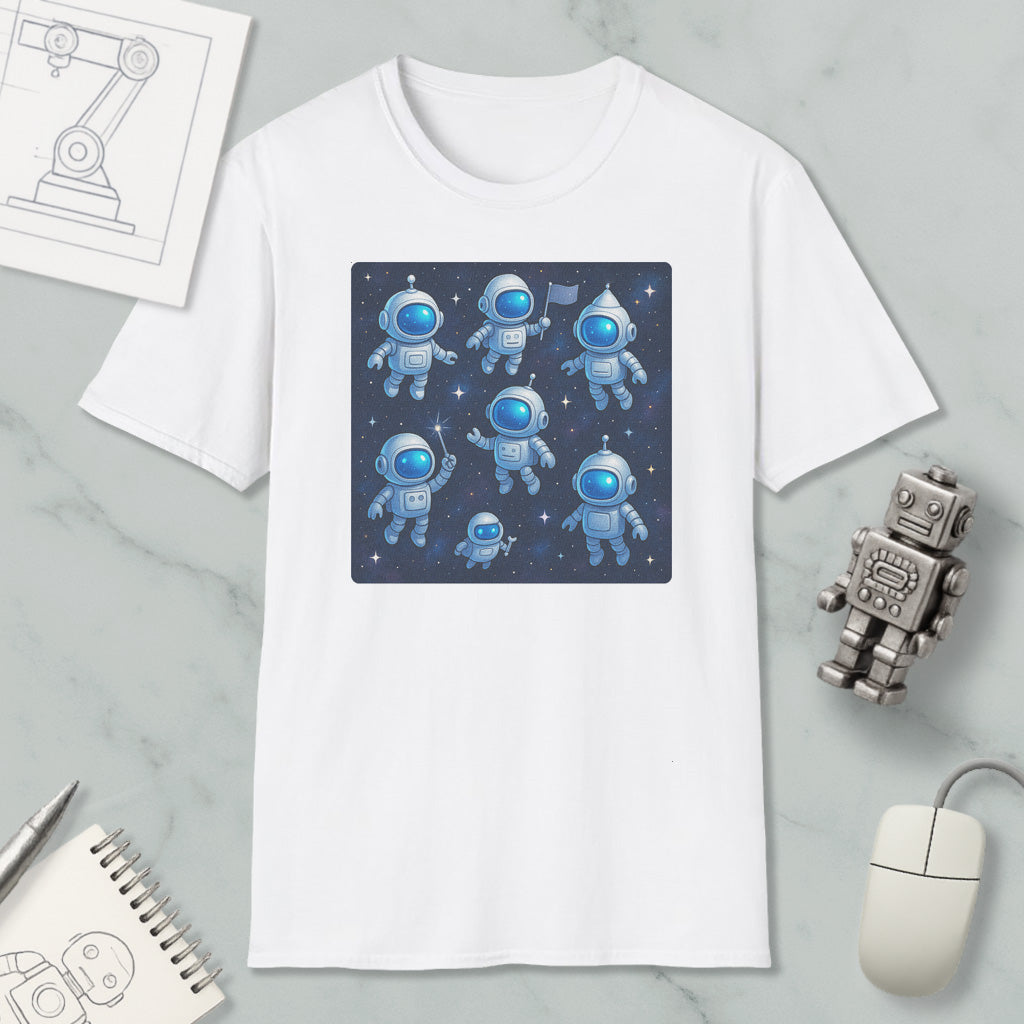 a white t-shirt with a graphic design of seven cartoon-like astronaut figures in a space-themed setting, surrounded by stars. The t-shirt is placed on a marble surface, and there are various objects such as a computer mouse, a notebook, and a robot figurine nearby.