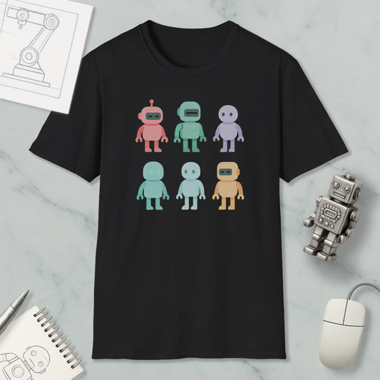 a black t-shirt with a graphic design of six colorful robot characters on it, along with various office supplies such as a mouse, a notebook, and a pen.
