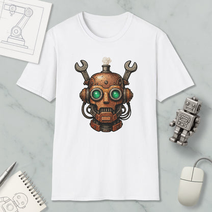 a white t-shirt with a unique robot design printed on it, along with various objects such as a computer mouse, a notebook, and a sketch of a machine.