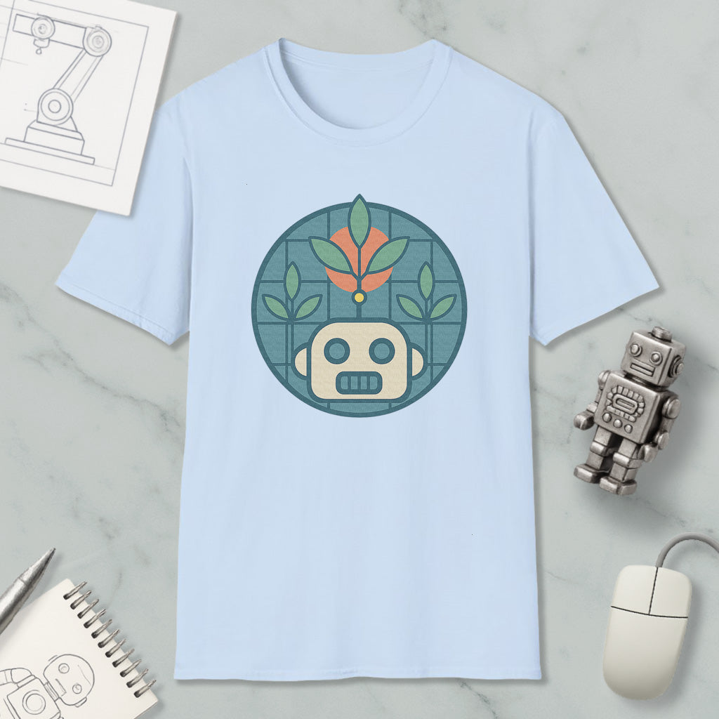 a light blue t-shirt with a graphic design of a robot and plants, along with a computer mouse and a notebook on a marble surface.