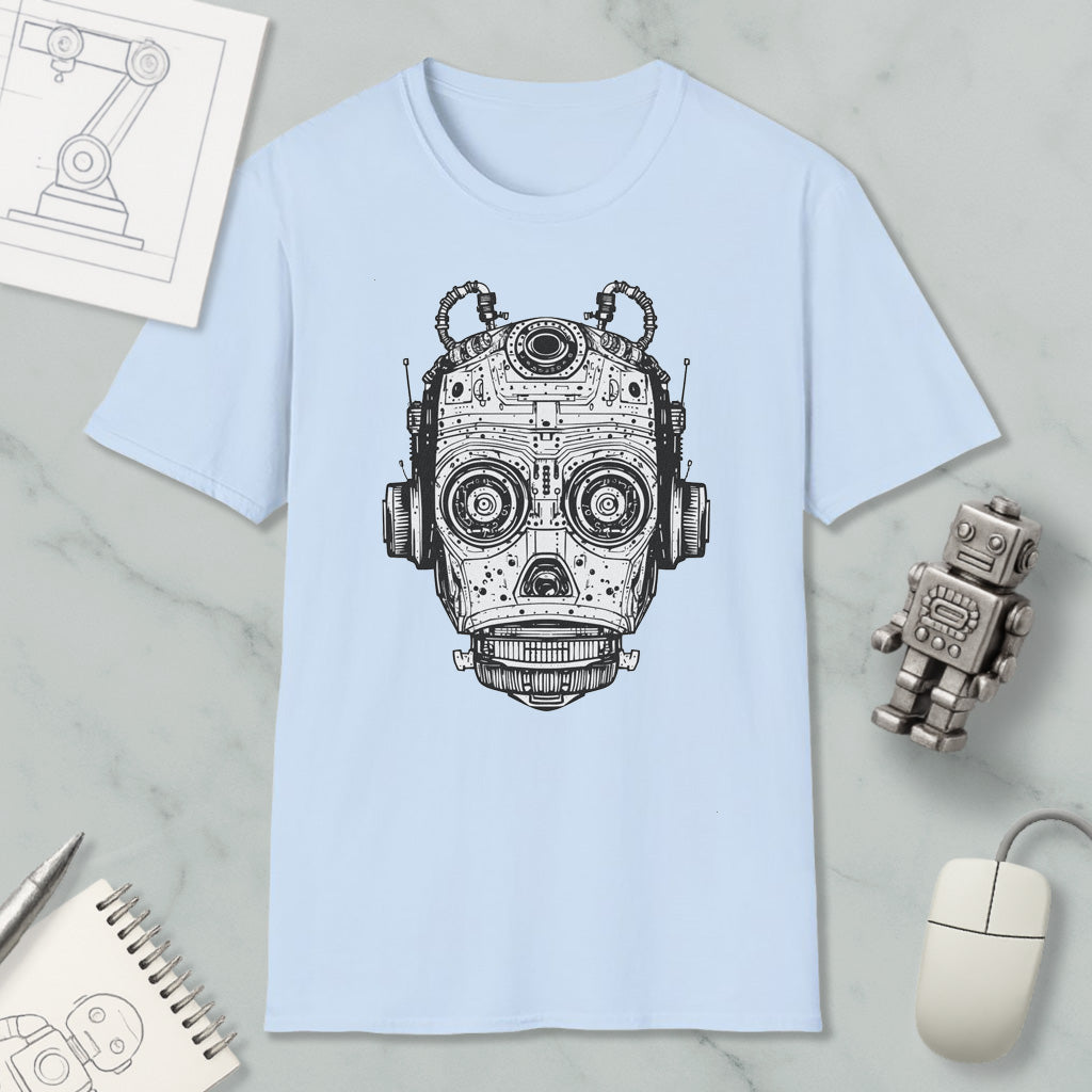a light blue t-shirt with a black and white illustration of a robot or machine head, along with various objects such as a computer mouse, a notebook, and a pen.