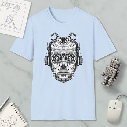 a light blue t-shirt with a black and white illustration of a robot or machine head, along with various objects such as a computer mouse, a notebook, and a pen.