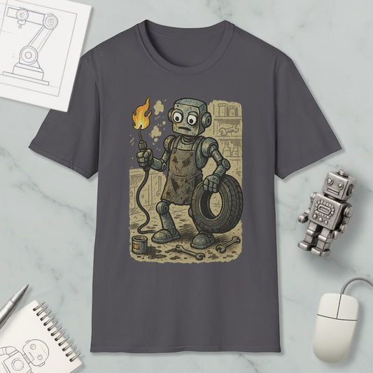 a t-shirt with a cartoon robot holding a lit cigarette and a tire, surrounded by various objects such as a computer mouse, a notebook, and a small robot.