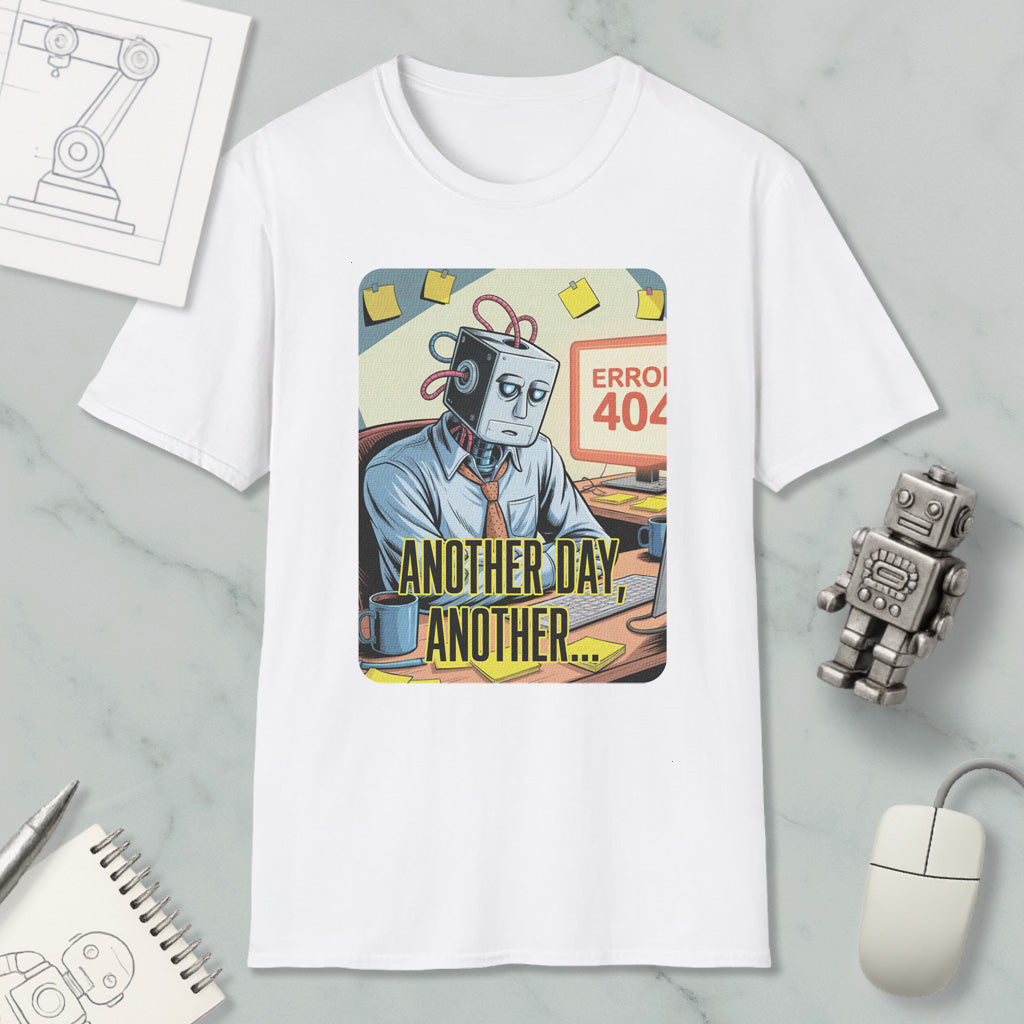 a white t-shirt with a graphic design depicting a robot character with a sad expression, surrounded by various objects such as a computer mouse, a notebook, and a pen.