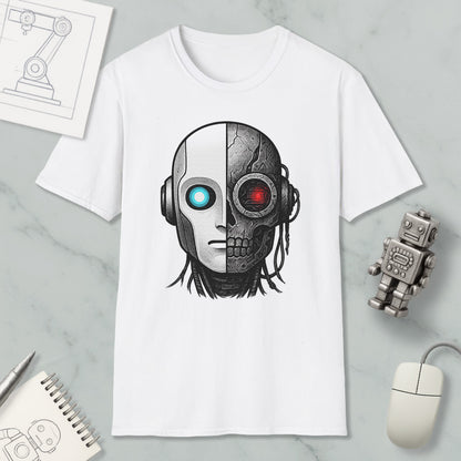 a white t-shirt with a graphic design depicting a robot or cyborg head with a skull-like face, surrounded by various objects such as a computer mouse, a notebook, and a pen.