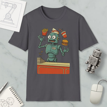 a gray t-shirt with a cartoon robot holding a burger, fries, and a drink, surrounded by various objects such as a computer mouse, a notebook, and a pen.