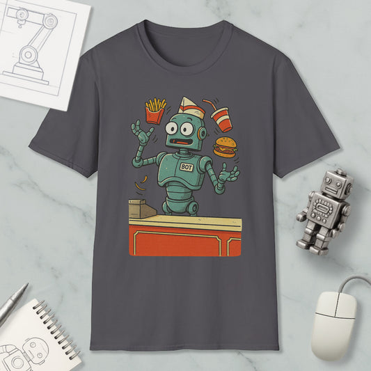 a gray t-shirt with a cartoon robot holding a burger, fries, and a drink, surrounded by various objects such as a computer mouse, a notebook, and a pen.