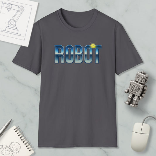 a gray t-shirt with the word "ROBOT" printed on it, along with a small robot figurine and some other items such as a notebook and a mouse.