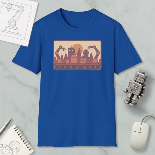 a blue t-shirt with a graphic design depicting a city skyline with robotic arms, along with a computer mouse and a notebook.