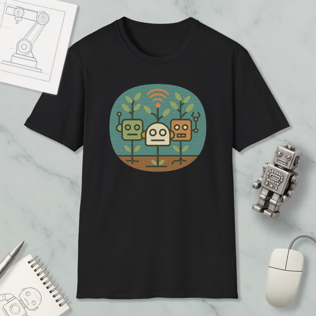 a black t-shirt with a graphic design of three robot characters, surrounded by a green and brown background. The t-shirt is placed on a marble surface, along with a computer mouse, a notepad, and a small robot figurine.