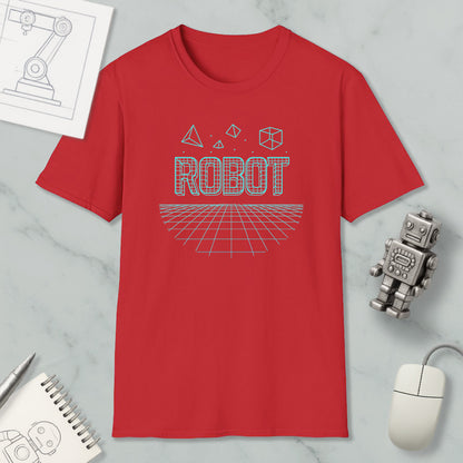 a red t-shirt with a graphic design, a computer mouse, a notebook, and a small robot figurine on a marble surface.
