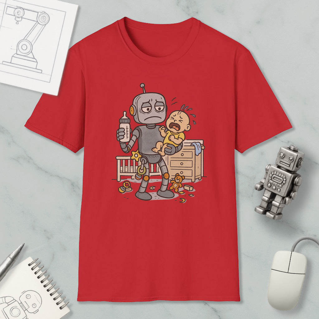 a red t-shirt with a cartoon illustration of a robot holding a baby and crying. The t-shirt is placed on a marble surface, surrounded by various objects such as a computer mouse, a notebook, and a toy robot.